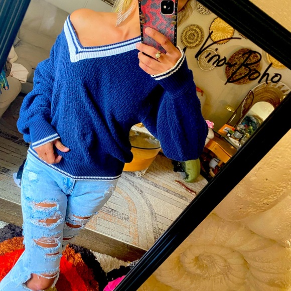 Vintage sweater. Blue with white stripes. Super soft and comfy. - Picture 2 of 4